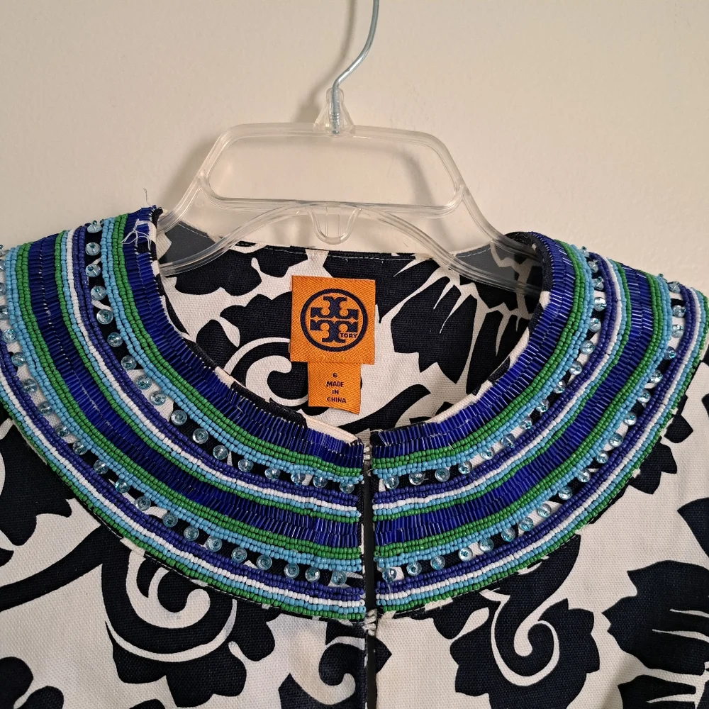 Tory‎ Burch Beaded Collar Floral Print Jacket Navy White Blue Green Women Size 6